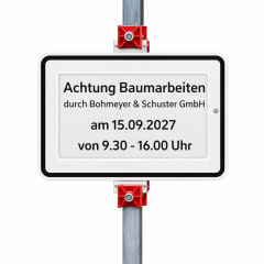 Zusatzzeichen für wechselnde Informationen Achtung Baumarbeiten durch Bohmeyer & Schuster GmbH am 15.09.2027 von 9.30 - 16.00 Uhr