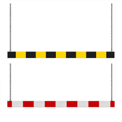 Höhenbegrenzer WACHTWERK X® mit schwarz-gelben und rot-weißen Streifen, hängend an Ketten zur Durchfahrtshöhenbegrenzung