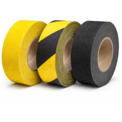 Drei Rollen Antirutschmarkierungsband aus Aluminium in Gelb, Gelb-Schwarz gestreift und Schwarz