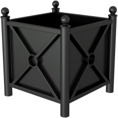 Schwarzer Pflanzbehälter mit Verzierung und Kugelkopf an den Ecken