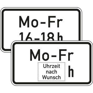 Zusatzschild Zeitliche Beschränkung werktags - individuelle Angabe - dreizeilig – Verkehrsschild VZ 1042-32 nach StVO Zusatzschild Zeitliche Beschränkung werktags - individuelle Angabe - dreizeilig – Verkehrsschild VZ 1042-32 nach StVO