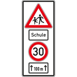 Warnschild Schule mit Geschwindigkeitsangabe