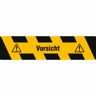 Antirutsch-Trittschutz mit gelb/schwarzer Warnmarkierung und Text