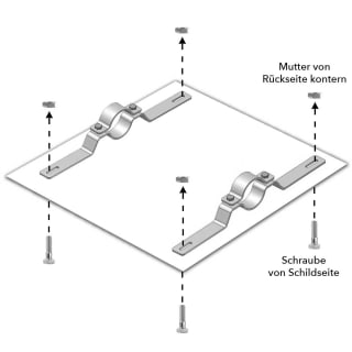 Rohrschelle Benutzung mit Schild, Schrauben und Muttern