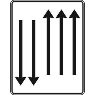 Fahrstreifentafel mit Gegenverkehr, 3-streifig in Fahrtrichtung und 2-streifig in Gegenrichtung - Verkehrszeichen VZ 522-34