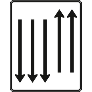 Fahrstreifentafel mit Gegenverkehr, 2-streifig in Fahrtrichtung und 3-streifig in Gegenrichtung - Verkehrszeichen VZ 522-35