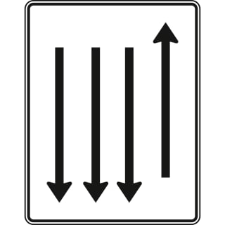 Fahrstreifentafel mit Gegenverkehr, 1-streifig in Fahrtrichtung und 3-streifig in Gegenrichtung - Verkehrszeichen VZ 522-38
