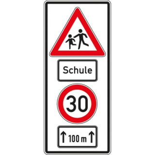 Warnschild Schule mit Geschwindigkeitsangabe