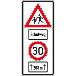 Verkehrszeichen Schulweg mit Geschwindigkeitsangabe