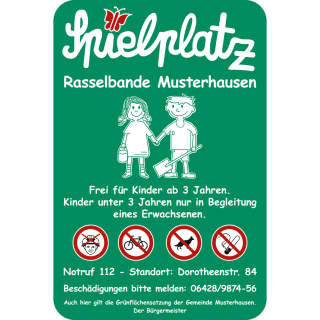 Spielplatzschild mit Text / Symbol nach Ihren Angaben