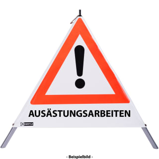 Faltsignal - Gefahrenstelle mit Text: AUSÄSTUNGSARBEITEN