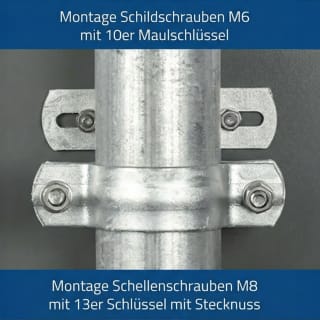 Rohrschelle aus Metall montiert an Rohr mit Schildschrauben M6 und Maulschlüssel 10er sowie Schellenschrauben M8 mit 13er Schlüssel und Stecknuss