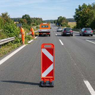 Klappbake SPEEDY Absperrung auf Autobahn mit Straßenarbeitern und Fahrzeugen im Hintergrund