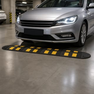 Temposchwelle 50 km/h zum Aufdübeln mit gelben Markierungen auf schwarzem Untergrund vor silbernem Auto in Parkgarage