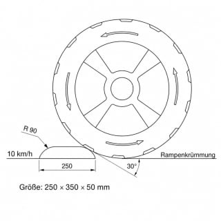 Technische Zeichnung einer Temposchwelle 10 km/h mit den Maßen 250 x 350 x 50 mm und Rampenkrümmung 30 Grad