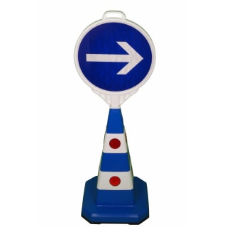 Leitkegel PLASTO 60 cm blau weiß mit Pfeilschild und Reflektoren aus Polypropylen