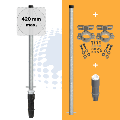 3000 mm Rohrpfosten Komplett-Set | 60,3 mm Rohrpfosten + 350 mm Bodenhülse + 2 x 70 mm Rohrschellen