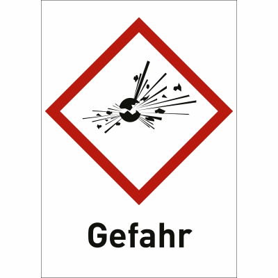 Explodierende Bombe mit Text: Gefahr (GHS 01) Explodierende Bombe mit Text: Gefahr (GHS 01)