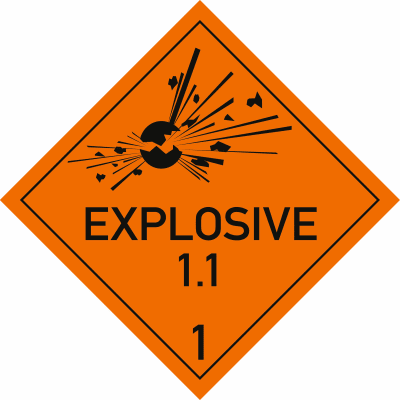 Explosive Stoffe, Aufschrift: EXPLOSIVE, Unterklasse 1.1 Explosive Stoffe, Aufschrift: EXPLOSIVE, Unterklasse 1.1