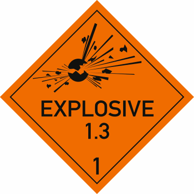 Explosive Stoffe, Aufschrift: EXPLOSIVE, Unterklasse 1.3 Explosive Stoffe, Aufschrift: EXPLOSIVE, Unterklasse 1.3