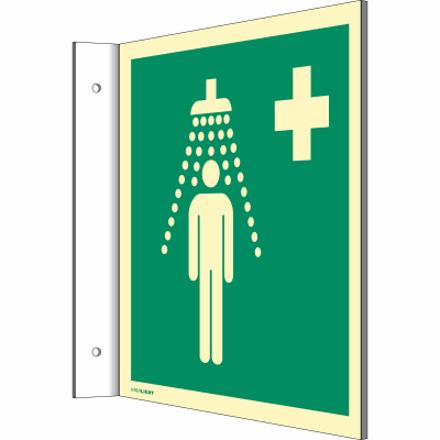 Fahnenschild Notdusche nach ISO 7010 (E 012) Fahnenschild Notdusche nach ISO 7010 (E 012)