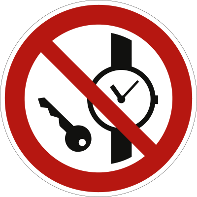 Mitführen von Metallteilen und Uhren verboten nach ISO 7010 (P 008)