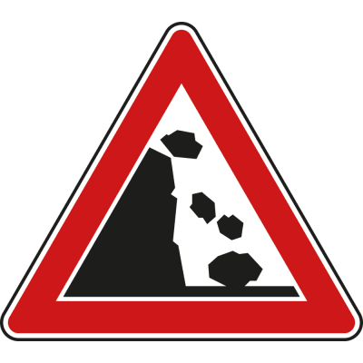 Steinschlag, Aufstellung links - Verkehrsschild VZ 101-25 Steinschlag, Aufstellung links - Verkehrsschild VZ 101-25