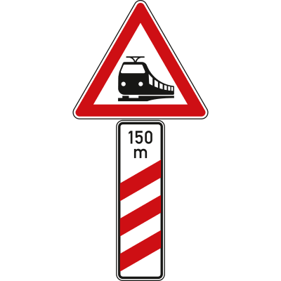 Bahnübergang mit dreistreifiger Bake mit Entfernungsangabe, Aufstellung rechts - Verkehrsschild VZ 156-11 Bahnübergang mit dreistreifiger Bake mit Entfernungsangabe, Aufstellung rechts - Verkehrsschild VZ 156-11