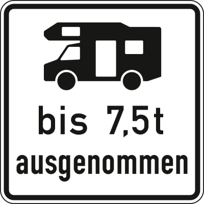 Wohnmobile mit einer zulässigen Gesamtmasse bis 7,5t ausgenommen - Verkehrsschild VZ 1024-19 Wohnmobile mit einer zulässigen Gesamtmasse bis 7,5t ausgenommen - Verkehrsschild VZ 1024-19