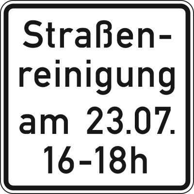 Straßenreinigung (mit Zeit- und Datumgsangabe) - Verkehrsschild VZ 1042-50 Straßenreinigung (mit Zeit- und Datumgsangabe) - Verkehrsschild VZ 1042-50