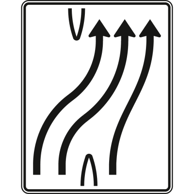 Überleitungstafel 3-streifig nach rechts, 2 Fahrstreifen übergeleitet - Verkehrszeichen VZ 501-25 Überleitungstafel 3-streifig nach rechts, 2 Fahrstreifen übergeleitet - Verkehrszeichen VZ 501-25