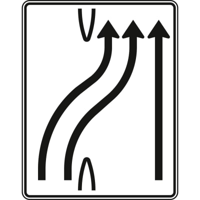 Überleitungstafel 2-streifig nach rechts und 1-streifig geradeaus - Verkehrszeichen VZ 501-28