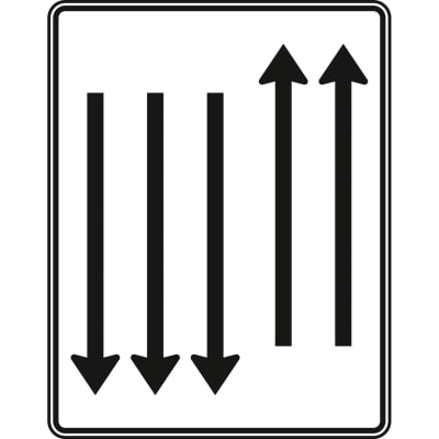 Fahrstreifentafel mit Gegenverkehr, 2-streifig in Fahrtrichtung und 3-streifig in Gegenrichtung - Verkehrszeichen VZ 522-35