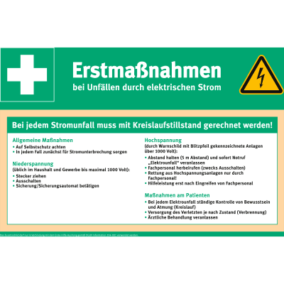 Erstmaßnahmen bei Unfällen mit elektrischem Strom - Zusatzschild