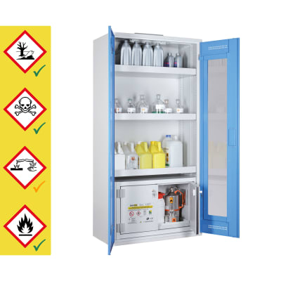 Chemikalien- und Giftschrank mit Sicherheitsbox mit Plexiglastüren - storeLAB® Chemikalien- und Giftschrank mit Sicherheitsbox mit Plexiglastüren - storeLAB®