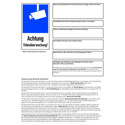 Aushang nach DSGVO, Art. 13 bei Videoüberwachung mit Text nach Ihren Angaben Aushang nach DSGVO, Art. 13 bei Videoüberwachung mit Text nach Ihren Angaben