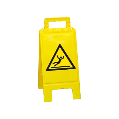 Gelber Warnaufsteller mit Warnzeichen für Rutschgefahr