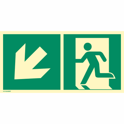 Kombischild Notausgang links abwärts nach ISO 7010 (E 001), ISO 3864, ISO 16069 Kombischild Notausgang links abwärts nach ISO 7010 (E 001), ISO 3864, ISO 16069