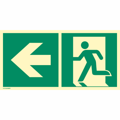 Kombischild Notausgang links nach ISO 7010 (E 001), ISO 3864, ISO 16069 Kombischild Notausgang links nach ISO 7010 (E 001), ISO 3864, ISO 16069