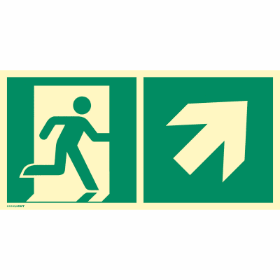 Kombischild Notausgang rechts aufwärts nach ISO 7010 (E 001), ISO 3864, ISO 16069 Kombischild Notausgang rechts aufwärts nach ISO 7010 (E 001), ISO 3864, ISO 16069