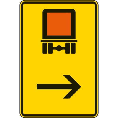 Wegweiser für kennzeichnungspflichtige Fahrzeuge mit gefährlichen Gütern, hier rechts (Verkehrsschild Nr. 422-22)