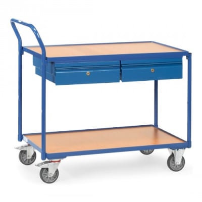 Leichter Tischwagen mit 2 Holzböden und 2 Stahlblechschubladen - Tragkraft 300 kg Leichter Tischwagen mit 2 Holzböden und 2 Stahlblechschubladen - Tragkraft 300 kg