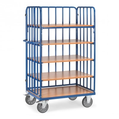 Etagenwagen mit 5 Böden und Längswand mit Streben - Tragkraft 600 kg Etagenwagen mit 5 Böden und Längswand mit Streben - Tragkraft 600 kg