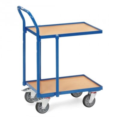 Etagenroller mit 2 Holzbodenplatten, offenem Rahmen, Rand und Schiebebügel - Tragkraft 250 kg Etagenroller mit 2 Holzbodenplatten, offenem Rahmen, Rand und Schiebebügel - Tragkraft 250 kg
