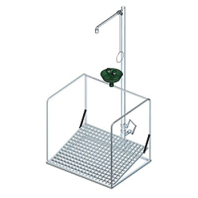 Notdusche mit Zugstange und Augendusche mit Auffangbecken und umliegendem Schutzkorb Notdusche mit Zugstange und Augendusche mit Auffangbecken und umliegendem Schutzkorb