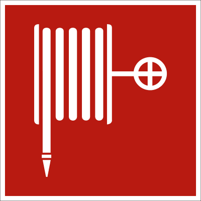 Weißes Symbol Wandhydrant / Feuerlöschschlauch auf rotem Grund
