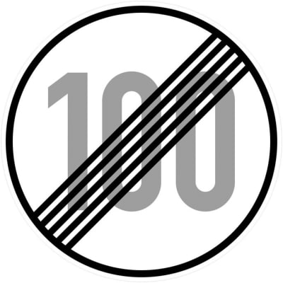Ende der zulässigen Höchstgeschwindigkeit 100 km/h (Verkehrsschild Nr. 278-100) Ende der zulässigen Höchstgeschwindigkeit 100 km/h (Verkehrsschild Nr. 278-100)