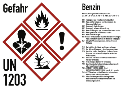 Gefahrstoffkennzeichnung für Benzin gemäß GHS Gefahrstoffkennzeichnung für Benzin gemäß GHS