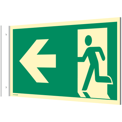 Fahnenschild Notausgang links/rechts nach DIN EN ISO 7010, E001 + E002 zur Wandmontage Fahnenschild Notausgang links/rechts nach DIN EN ISO 7010, E001 + E002 zur Wandmontage