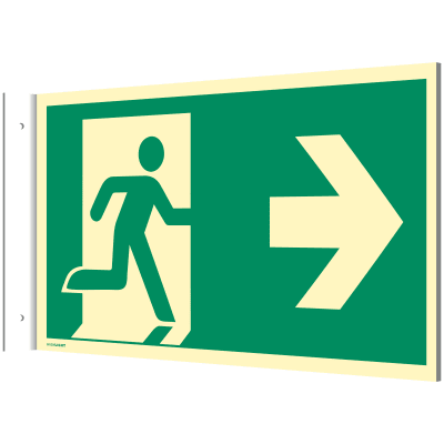 Fahnenschild Notausgang links/rechts gegenüber nach DIN EN ISO 7010, E001 + E002 zur Wandmontage